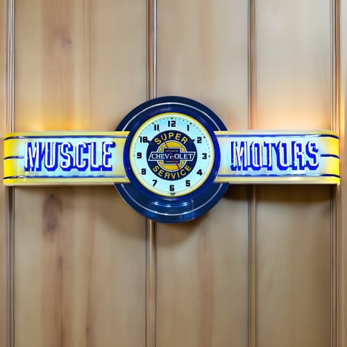 72" wide Muscle Motors Neon with Chevrolet Super Service Clock