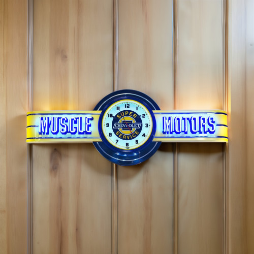 72" wide Muscle Motors Neon with Chevrolet Super Service Clock