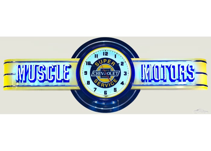 72" wide Muscle Motors Neon with Chevrolet Super Service Clock