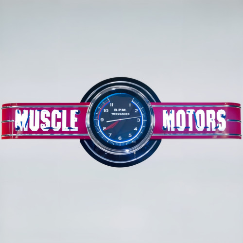 72" wide Muscle Motors Neon Sign with Tachometer Clock