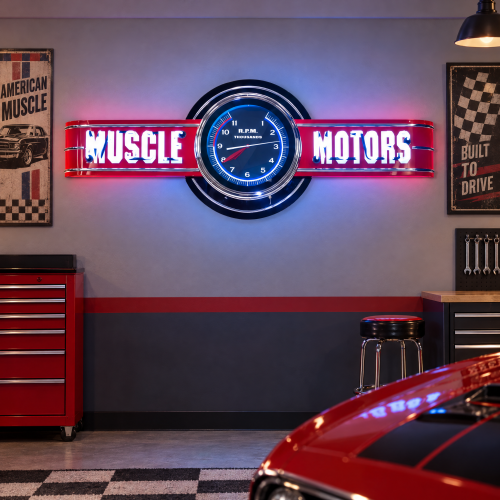 Muscle Motors Neon Sign with Tachometer Clock - 72" x 26"
