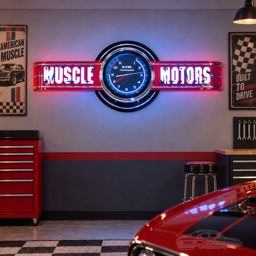 Muscle Motors Neon Sign with Tachometer Clock - 72" x 26"