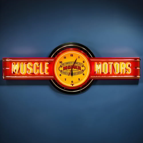 72" wide Red Muscle Motors Neon Sign with Vintage Mopar Clock