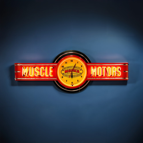 72" wide Red Muscle Motors Neon Sign with Vintage Mopar Clock