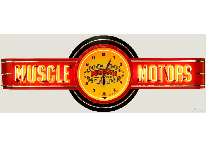72" wide Red Muscle Motors Neon Sign with Vintage Mopar Clock