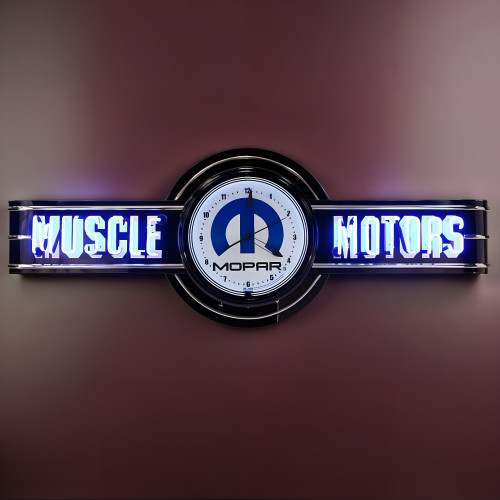 72" wide Blue Neon Muscle Motors Sign with Mopar Clock