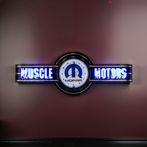 72" wide Blue Neon Muscle Motors Sign with Mopar Clock