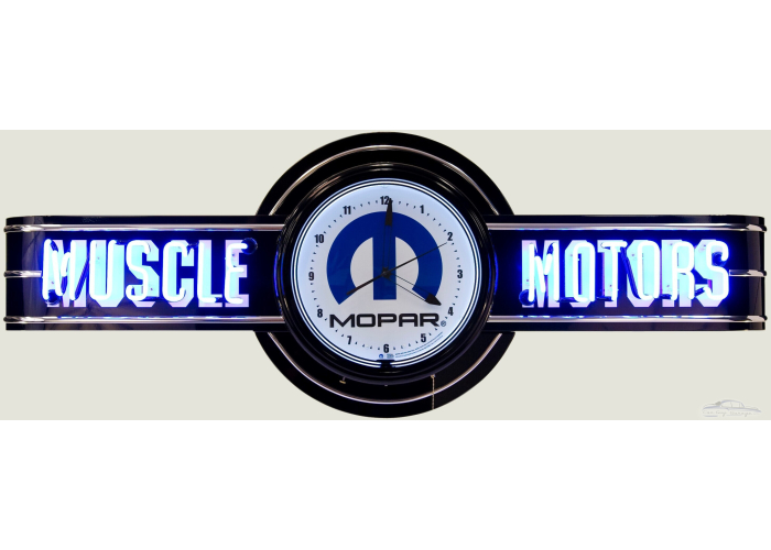 72" wide Blue Neon Muscle Motors Sign with Mopar Clock
