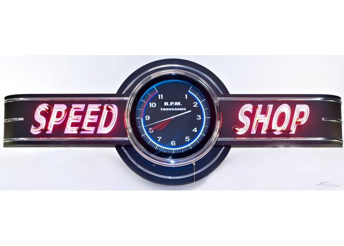 72" wide Neon Speed Shop Sign with Tachometer Clock