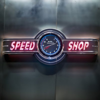 Vintage Speed Shop Neon Sign with 20" Tachometer Clock - 72" x 26"