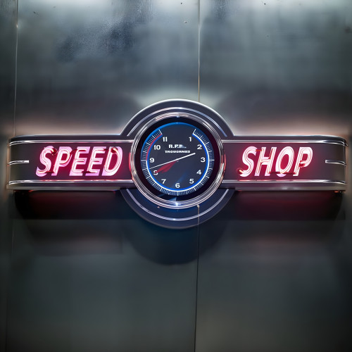 72" wide Neon Speed Shop Sign with Tachometer Clock