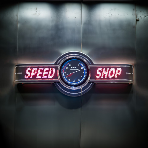 72" wide Neon Speed Shop Sign with Tachometer Clock