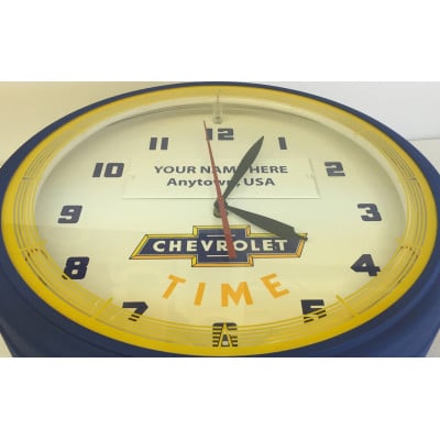 OK USED CARS シボレー 時計 シェビー ヴィンテージ クロック GM CHEVROLET ネオンクロック ブルー イエロー シボレー ボウタイ