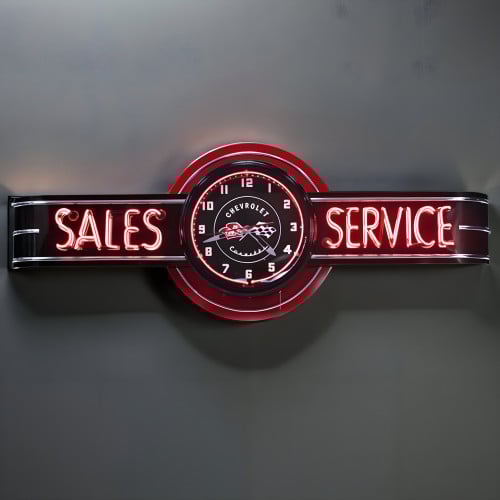 72" Black Neon Corvette Sales and Service Sign with Clock