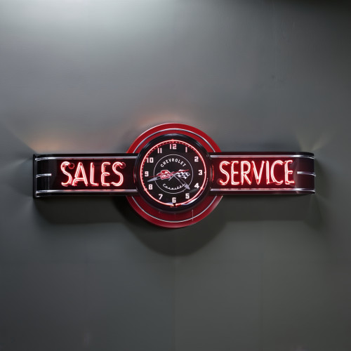 72" Black Neon Corvette Sales and Service Sign with Clock
