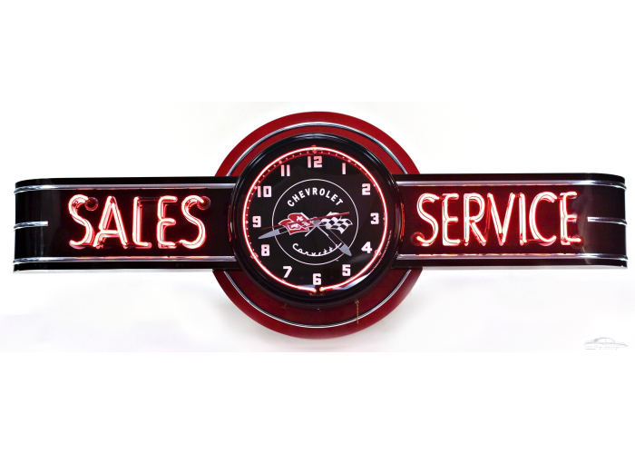 72" Black Neon Corvette Sales and Service Sign with Clock