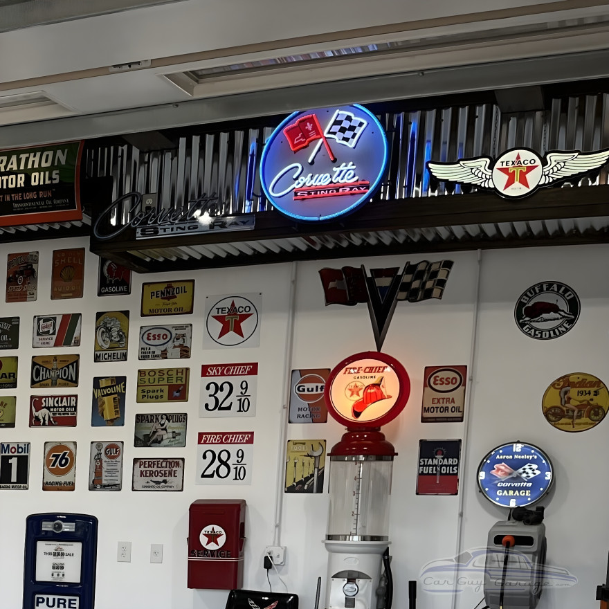 Corvette C2 Sting Ray Crossed Flags Neon Sign - 24" Round
