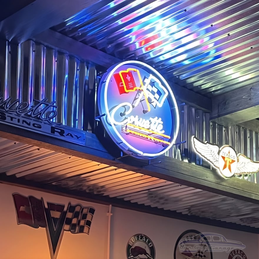 Corvette C2 Sting Ray Crossed Flags Neon Sign - 24" Round