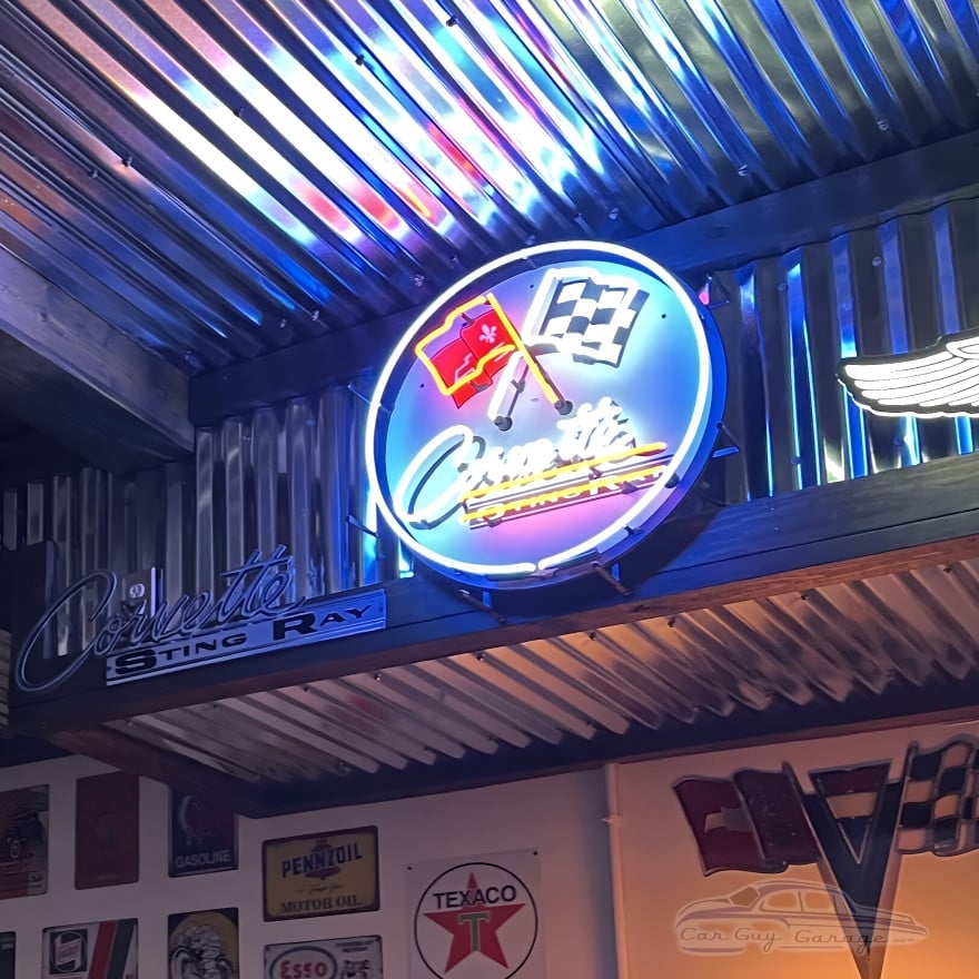 Corvette C2 Sting Ray Crossed Flags Neon Sign - 24" Round