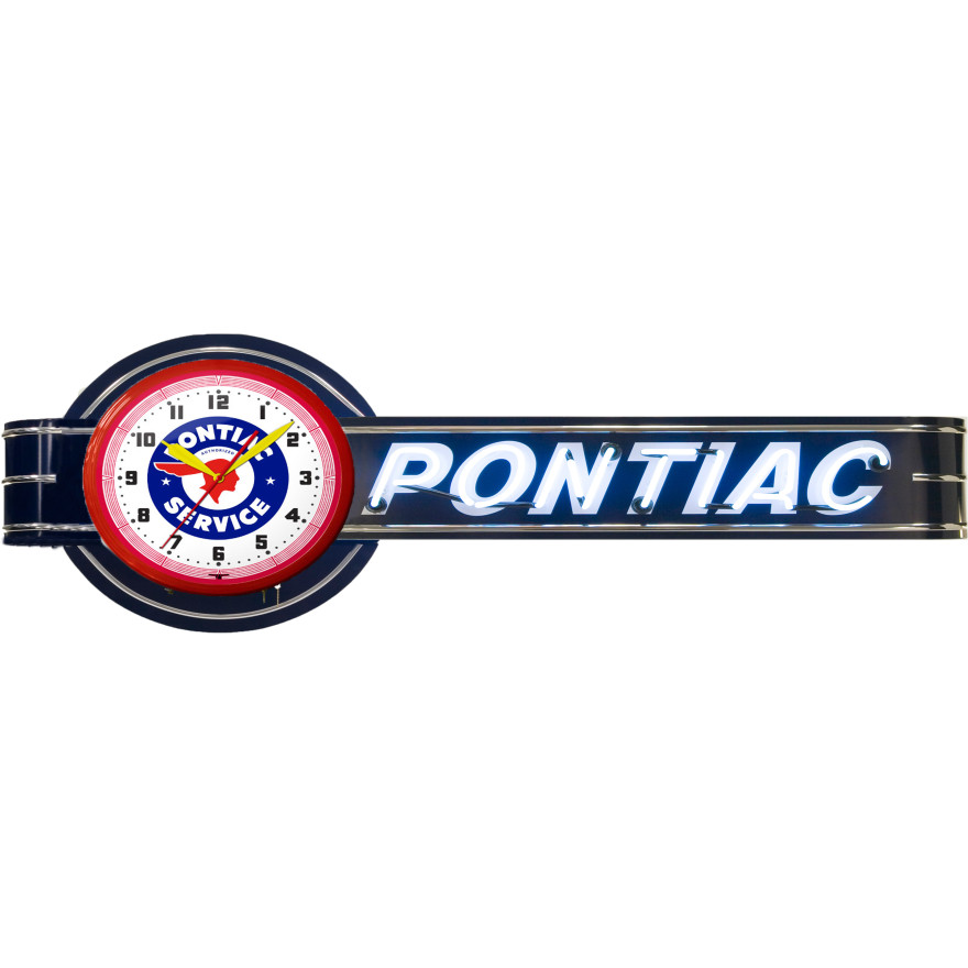 72" Wide Offset Pontiac Service Clock and Neon Sign 72" Wide Offset Pontiac Service Clock and Neon Sign
