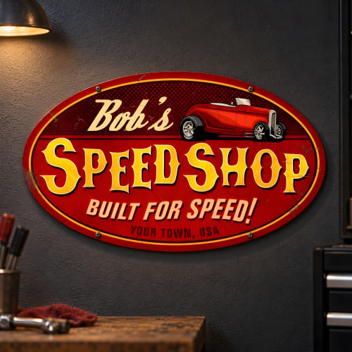 Bob's Speed Shop Oval Metal Garage Sign - 24" x 14"