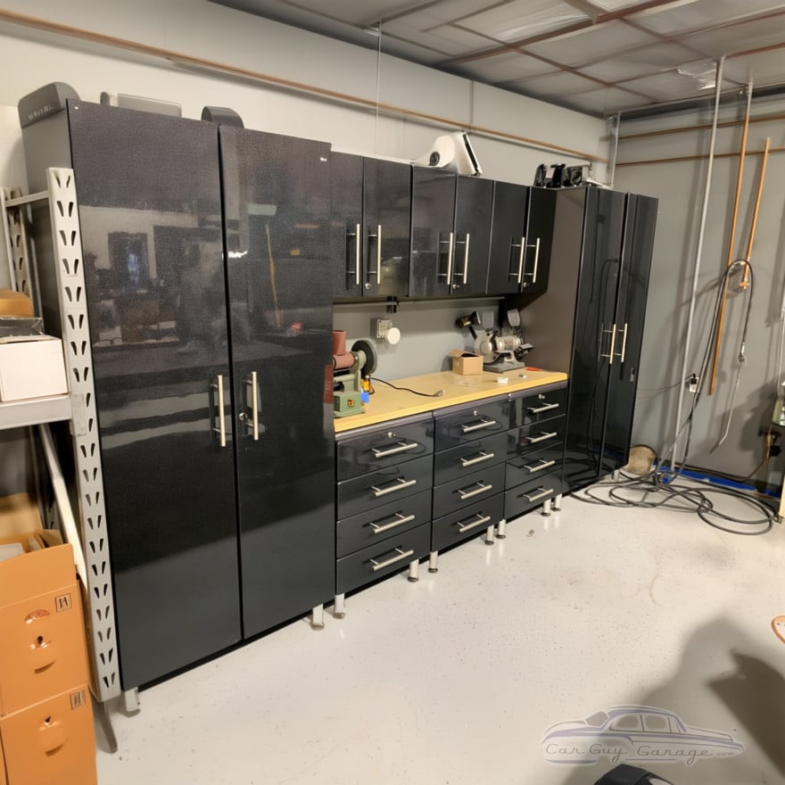 Black Modular 9 Piece Garage Cabinet Kit with Bamboo Worktop Black Modular 9 Piece Garage Cabinet Kit with Bamboo Worktop