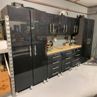 Black Modular 9 Piece Garage Storage Cabinet Set with Bamboo Worktop
