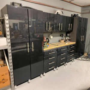 Black Modular 9 Piece Garage Storage Cabinet Set with Bamboo Worktop