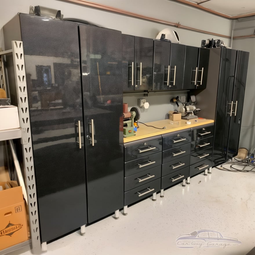 Black Modular 9 Piece Garage Cabinet Kit with Bamboo Worktop Black Modular 9 Piece Garage Cabinet Kit with Bamboo Worktop