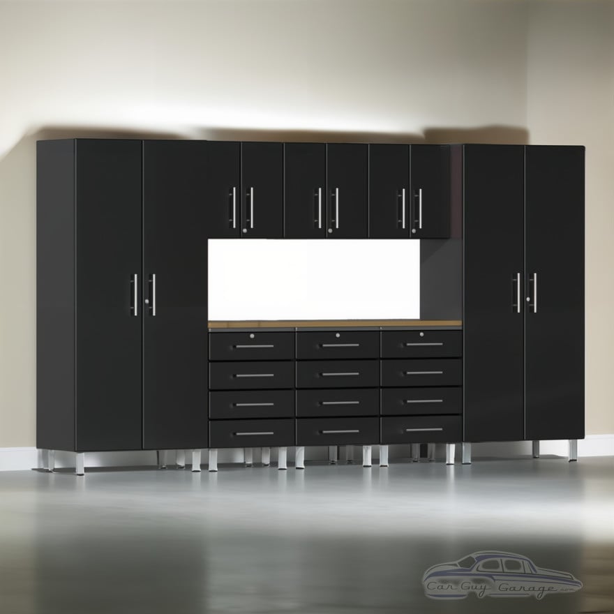 Black Modular 9 Piece Garage Cabinet Kit with Bamboo Worktop Black Modular 9 Piece Garage Cabinet Kit with Bamboo Worktop