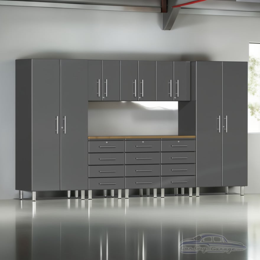 Grey Modular 9 Piece Garage Cabinet Kit with Bamboo Worktop Grey Modular 9 Piece Garage Cabinet Kit with Bamboo Worktop