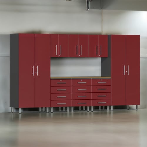 Red Modular 9 Piece Garage Cabinet Kit with Bamboo Worktop