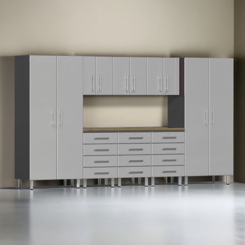 Silver Modular 9 Piece Garage Cabinet Kit with Bamboo Worktop