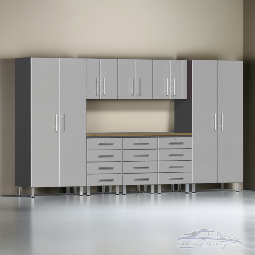 Silver Modular 9 Piece Garage Cabinet Kit with Bamboo Worktop Silver Modular 9 Piece Garage Cabinet Kit with Bamboo Worktop