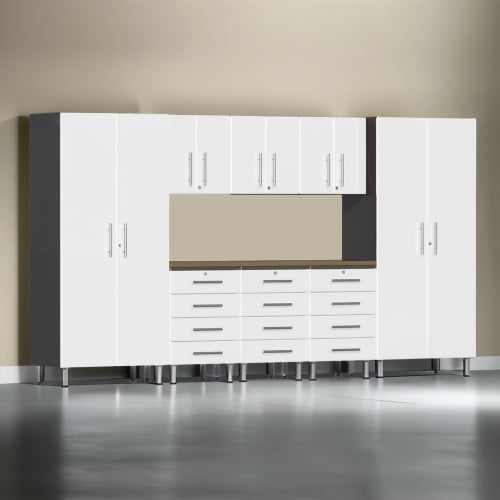 White Modular 9 Piece Garage Cabinet Kit with Bamboo Worktop