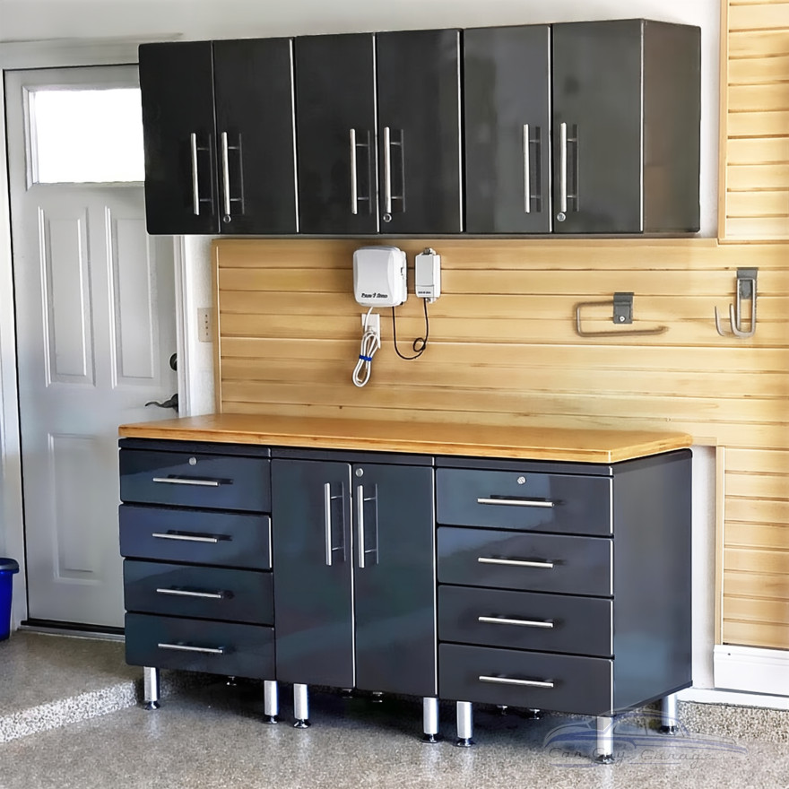 Black Modular 7 Piece Garage Cabinet Kit with Bamboo Worktop Black Modular 7 Piece Garage Cabinet Kit with Bamboo Worktop