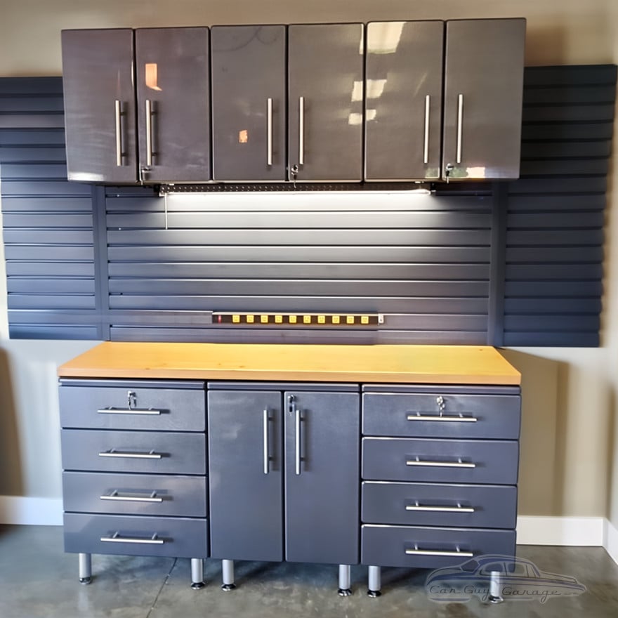 Grey Modular 7 Piece Garage Cabinet Kit with Bamboo Worktop Grey Modular 7 Piece Garage Cabinet Kit with Bamboo Worktop