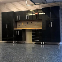 Black Modular 8-Piece Garage Cabinet Kit with Bamboo Worktop