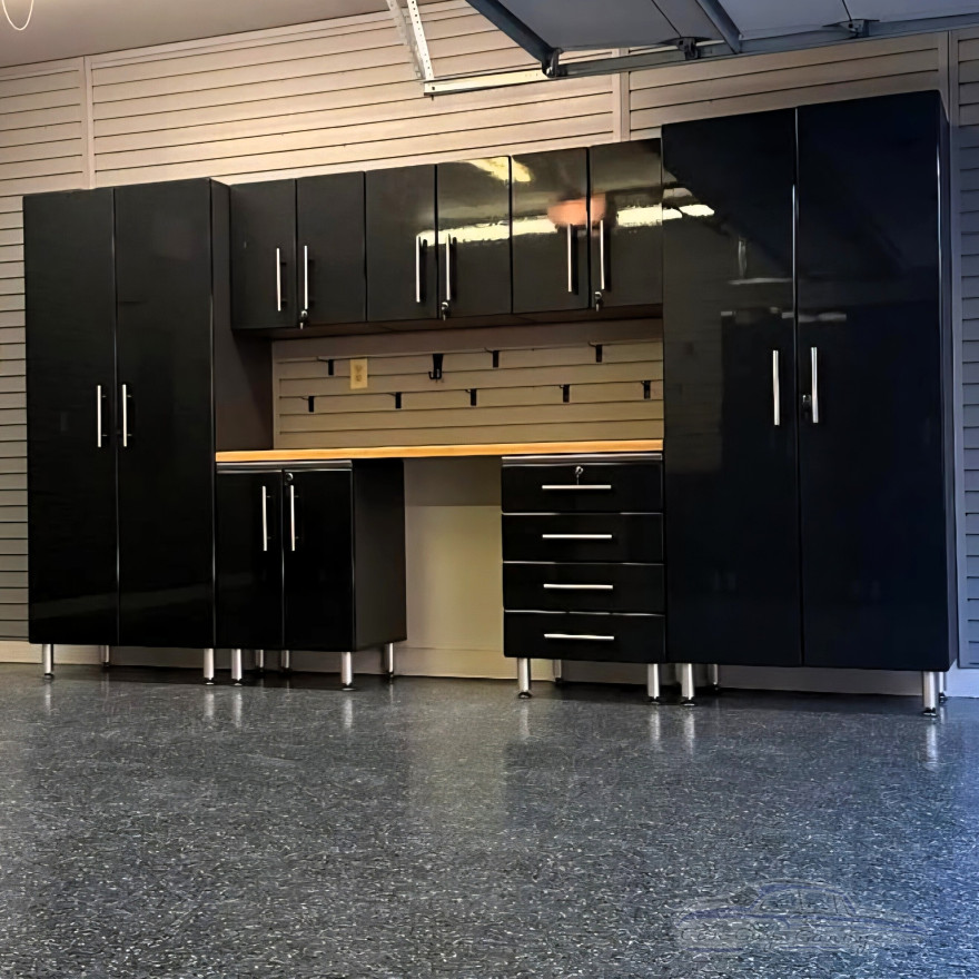 Black Modular 8 Piece Garage Cabinet Kit with Bamboo Worktop Black Modular 8 Piece Garage Cabinet Kit with Bamboo Worktop