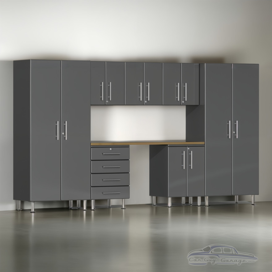 Grey Modular 8 Piece Garage Cabinet Kit with Bamboo Worktop Grey Modular 8 Piece Garage Cabinet Kit with Bamboo Worktop