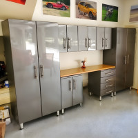 Grey Modular 8-Piece Garage Storage Cabinet System with Bamboo Top