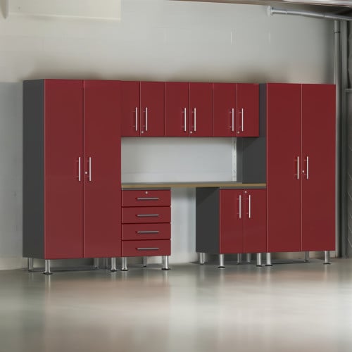 Red Modular 8 Piece Garage Cabinet Kit with Bamboo Worktop
