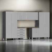 Silver Modular 8-Piece Garage Cabinet Kit with Bamboo Worktop