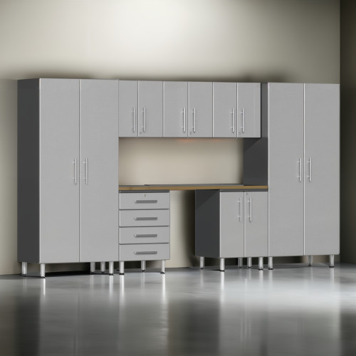 Silver Modular 8 Piece Garage Cabinet Kit with Bamboo Worktop