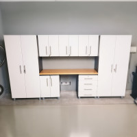 White Modular 8 Piece Garage Cabinet Kit with Bamboo Worktop