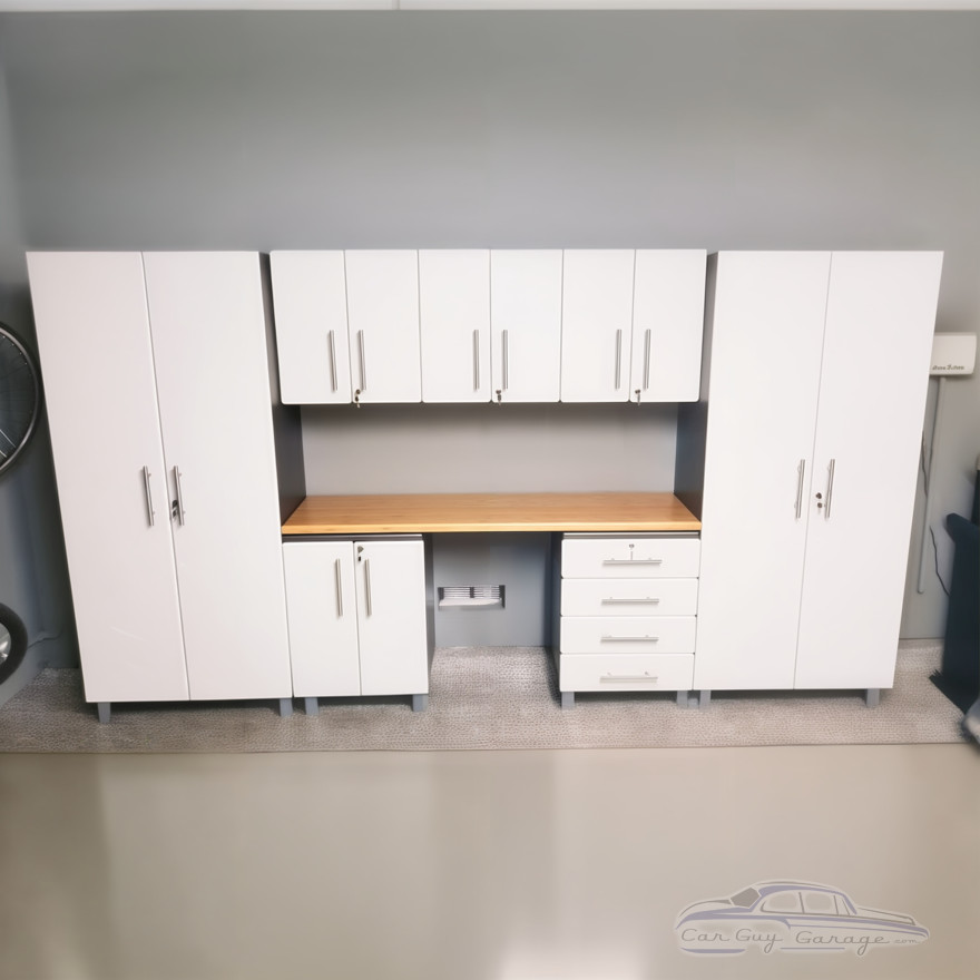 White Modular 8 Piece Garage Cabinet Kit with Bamboo Worktop White Modular 8 Piece Garage Cabinet Kit with Bamboo Worktop
