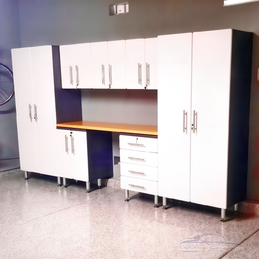 White Modular 8 Piece Garage Cabinet Kit with Bamboo Worktop White Modular 8 Piece Garage Cabinet Kit with Bamboo Worktop