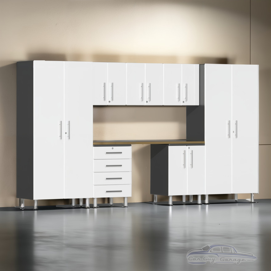 White Modular 8 Piece Garage Cabinet Kit with Bamboo Worktop White Modular 8 Piece Garage Cabinet Kit with Bamboo Worktop