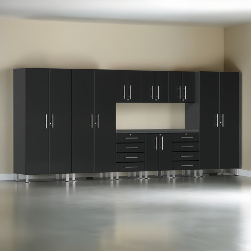 Black Modular 10 Piece Garage Cabinet Kit with Recessed Worktop