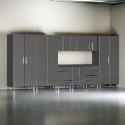 Grey Modular 10 Piece Garage Cabinet Kit with Recessed Worktop